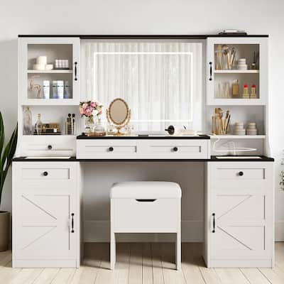 Farmhouse Makeup Vanity Desk with LED Light Mirror, Storage Cabinets, Visual Glass Desktop and Stool for Bedroom