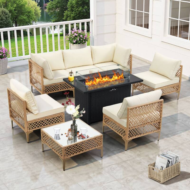 8 PCS Wicker Patio Conversation Set With Fire Table