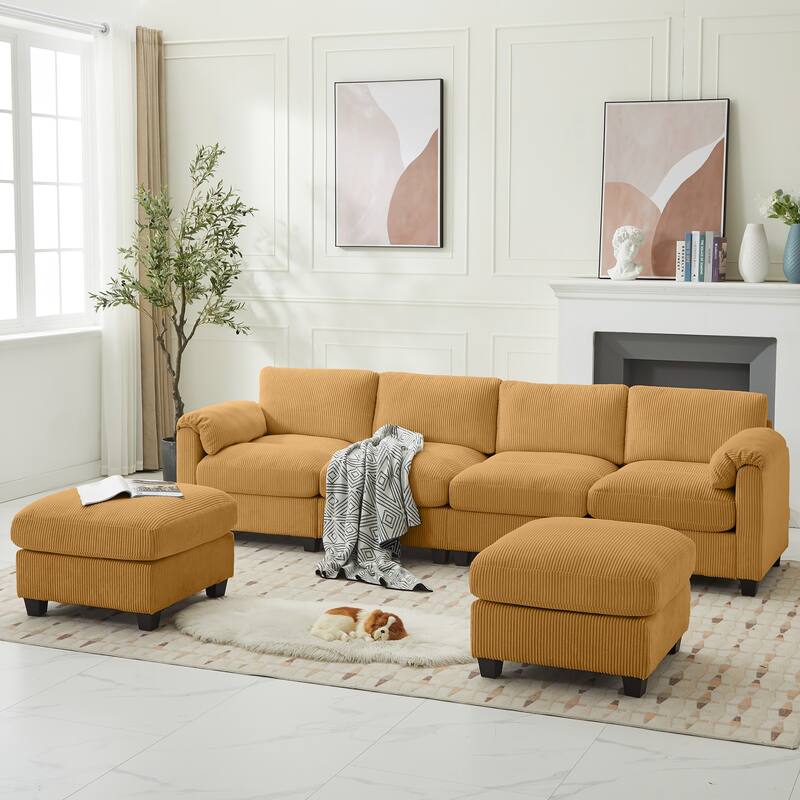 Corduroy Sectional Sofas with 2 Removable Ottomans, U-shaped Symmetrical 6-Seat Modular Couch