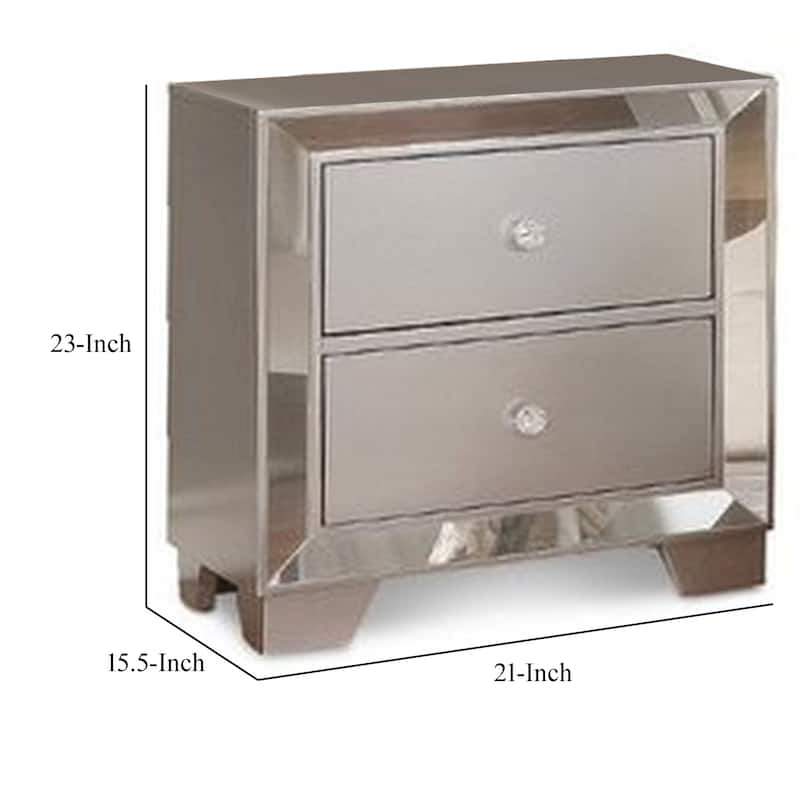 Eli 23 Inch Deluxe 2 Drawer Nightstand, Mirrored Trim, Wood Frame, Silver