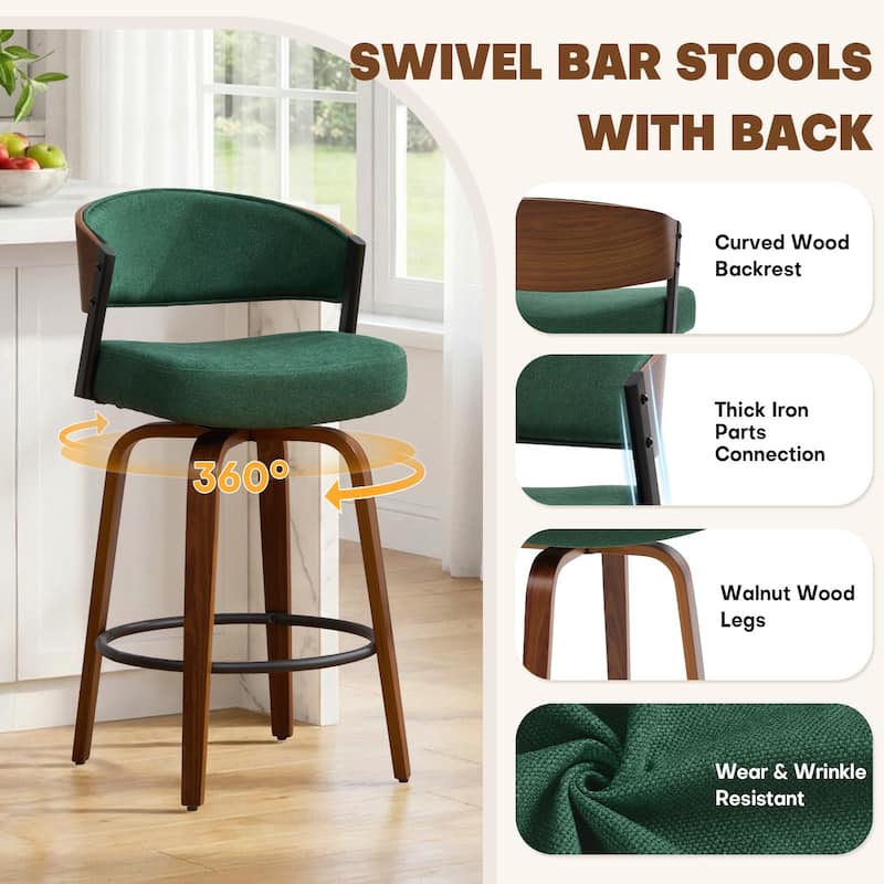 Upholstered Swivel Counter Height Bar Stool with Curved Back and Bentwood Frame - 37.2"H x 19.1"W x 20.5"D