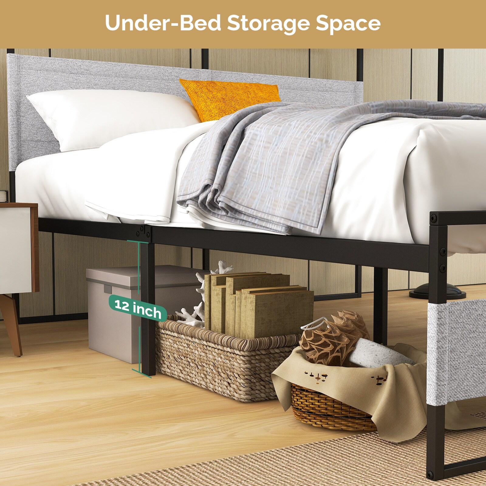Metal Platform Bed Frame with Headboard and Storage Pocket, Heavy Duty  Steel Slats Bed Base, No Box Spring Needed - On Sale - Overstock - 34239804