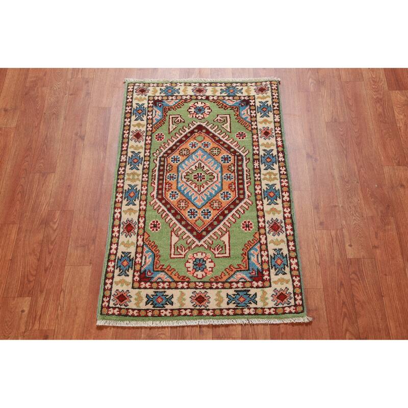 Geometric Green Kazak Oriental Accent Foyer Rug Handmade Wool Carpet - 2'0"x 3'0"