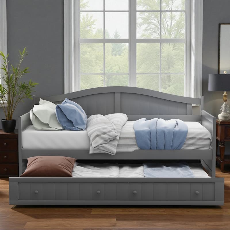 Twin Wooden Daybed with Pull-Out Trundle, Solid Wood Sofa Bed for Bedroom or Living Room, Cottage Style Design - Grey - Twin
