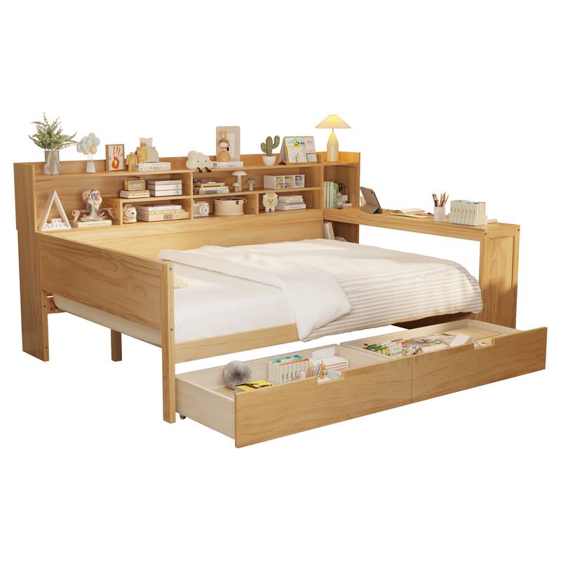 Twin/Full Size Daybed with 2 Storage Drawers and Bookcase Headboard, Wood Corner Platform Bed Frame with Built In Desk