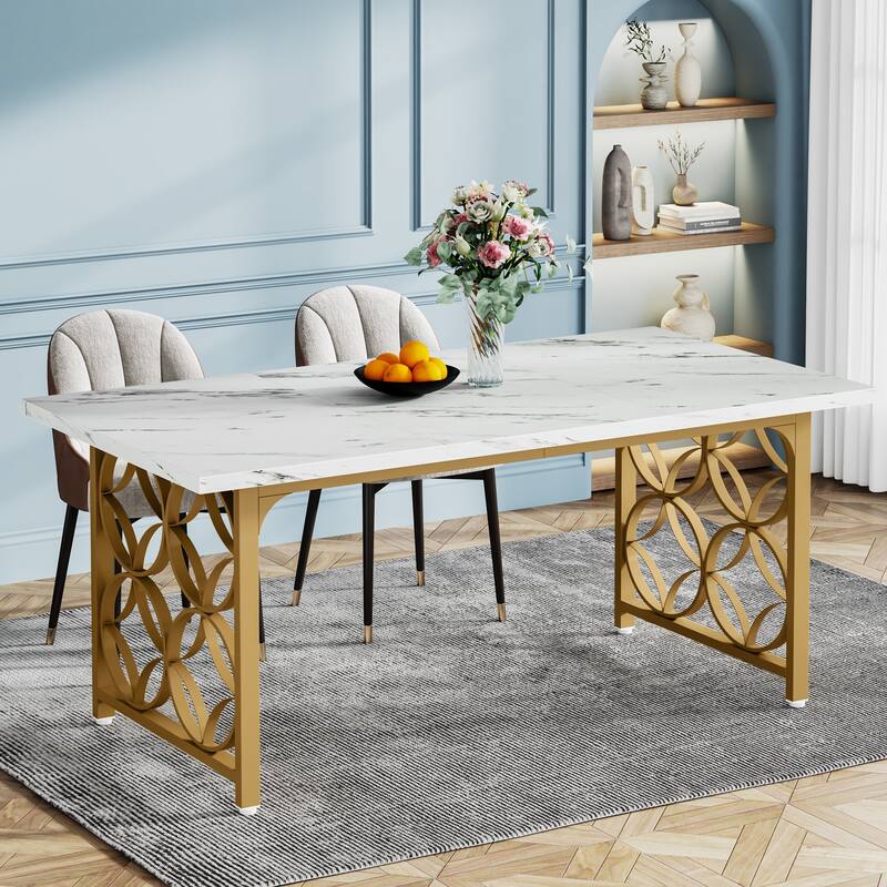 63-inch Modern Dining Table for 4-6 People, Rectangular Marble Dinner Table with Gold Metal Frame for Home Kitchen