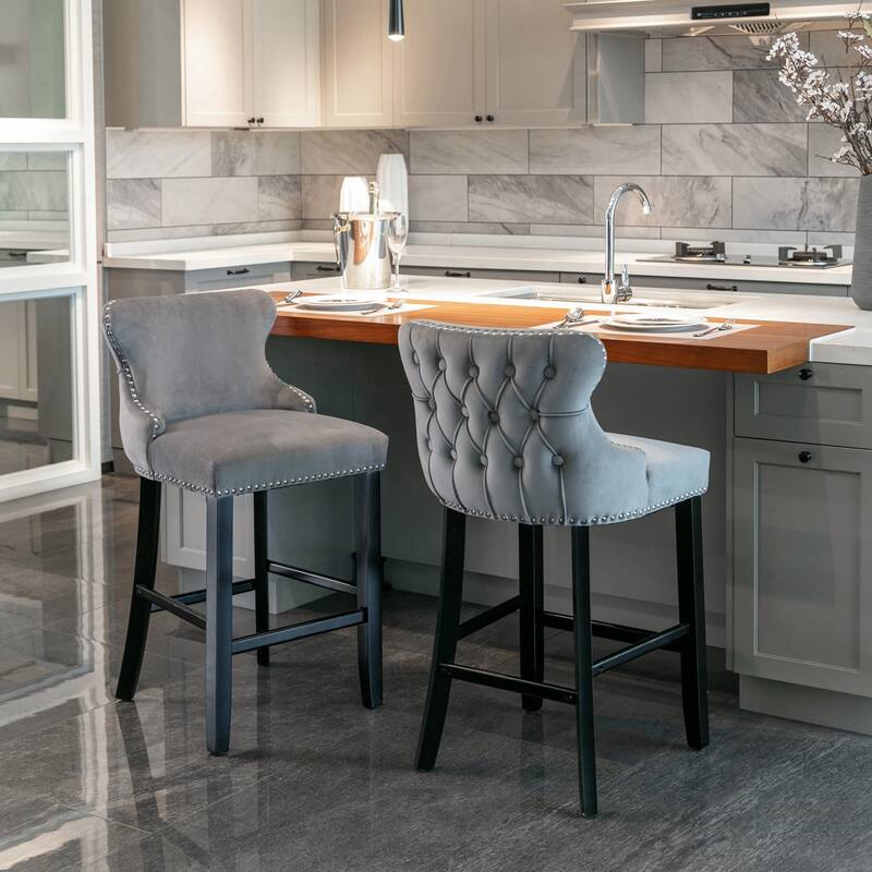 Velvet Upholstered Wing-Back Barstools Set of 4