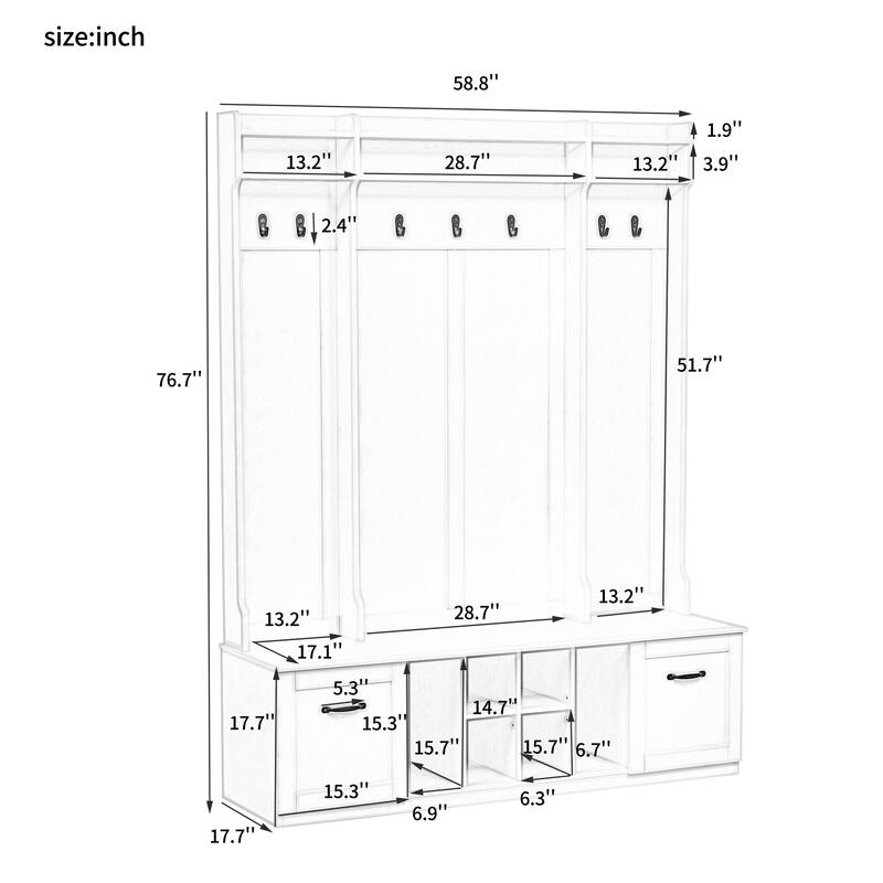 Roomfitters 5-in-1 Entryway Bench with Coat Rack, Hooks, Drawers and Adjustable Shelves, Hall Tree for Hallway or Living Room