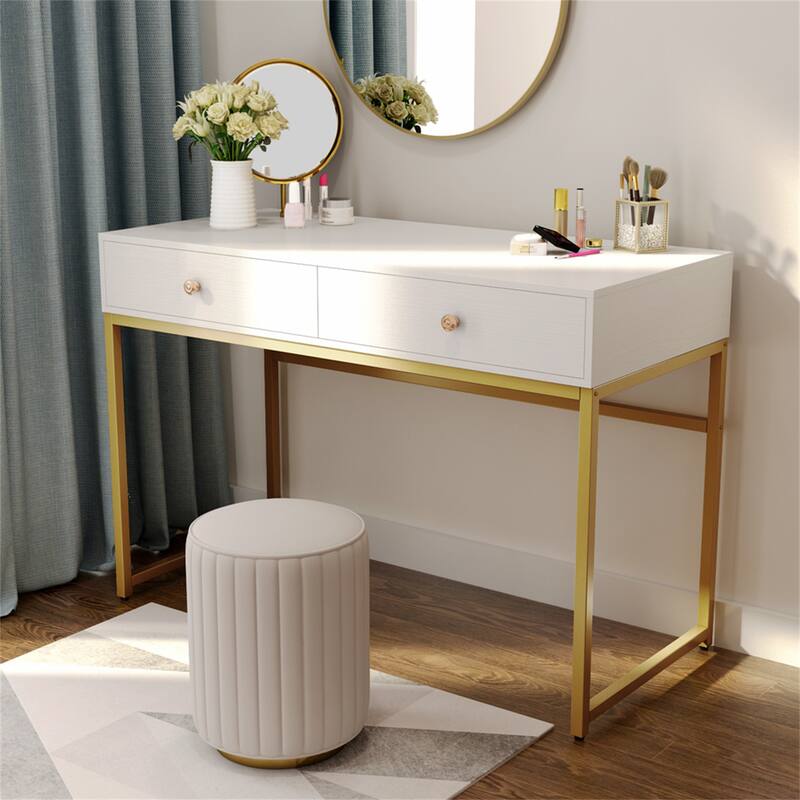 47 inch Home Office Desk Study Writing Table with 2 Storage Drawers - White&Gold