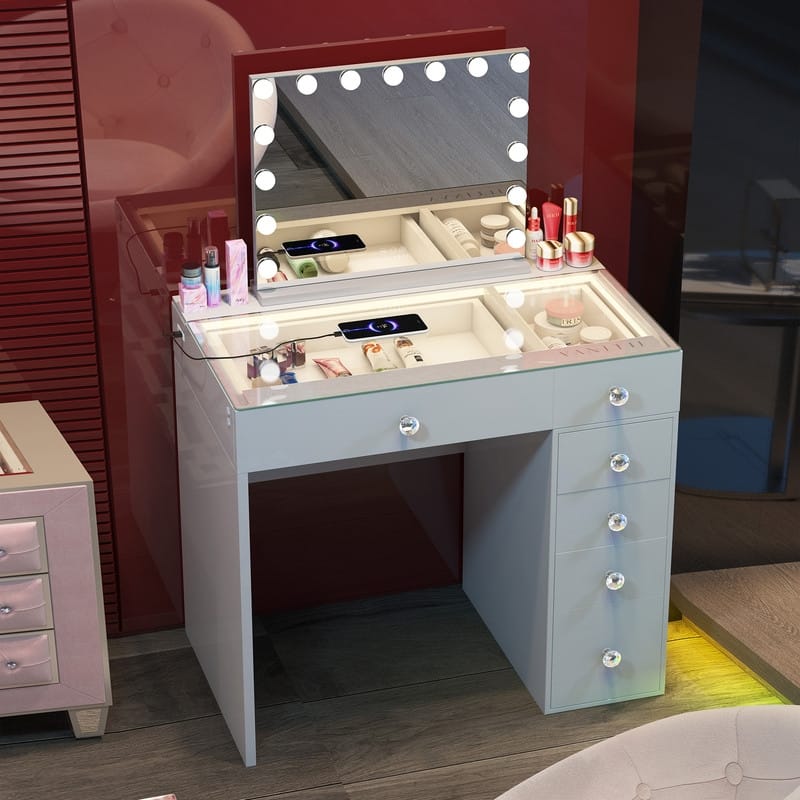 VANITII Makeup Vanity Desk 6 Drawers Dresser With RGB Lights Strip White/Pink/Black With 15 LED Bulbs Bluetooth Mirror Bedroom