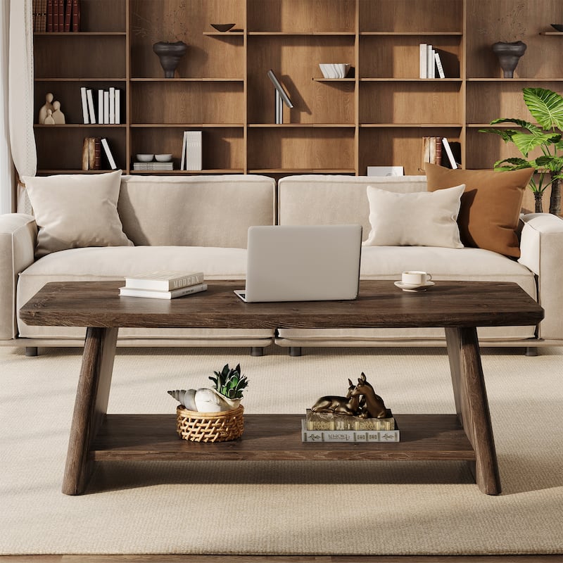 Solid Wood Coffee Table with Storage, 2-Tier Center Accent Table for Living Room Lounge Apartment