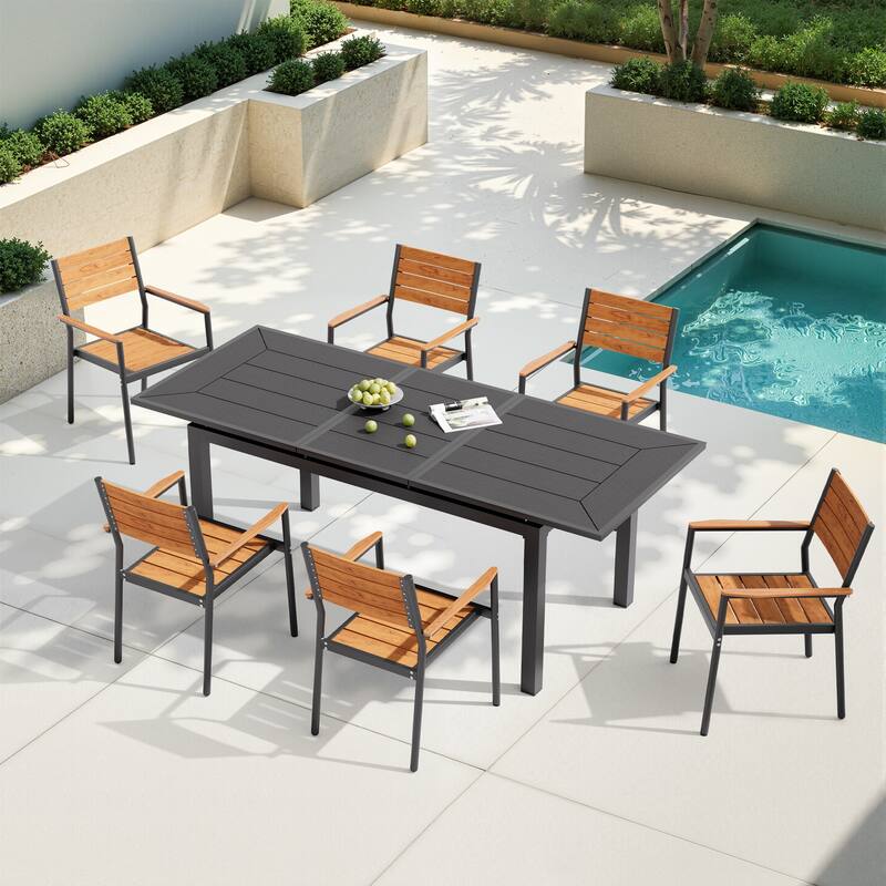 7PC Pellebant Outdoor Patio Aluminum Expandable Dining Table WPC Top with Stackable Armchairs - Black-Table&Brwon-Chairs