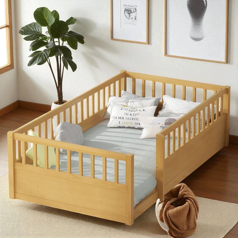 Twin/Full Montessori Floor Bed with High Fence & Open Door, Solid Pine, Playroom/Bedroom, No Box Spring - Natural - Twin