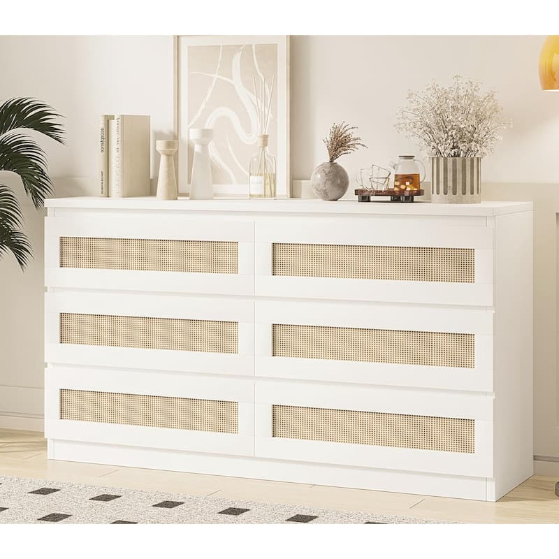 6 Drawer Dresser, Rattan Chest of Dressers - White