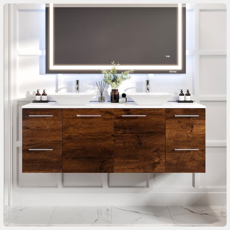 Luxurious 60"W Rosewood DS Bath Vanity with Quartz Top & Vessel Sinks