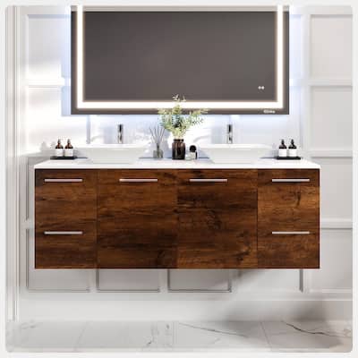 Luxurious 60"W Rosewood DS Bath Vanity with Quartz Top & Vessel Sinks