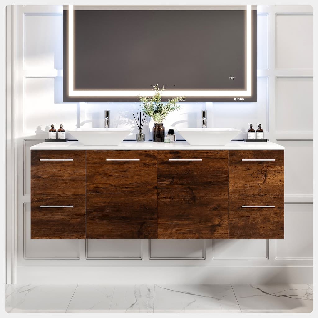 Luxurious 60"W Rosewood DS Bath Vanity with Quartz Top & Vessel Sinks