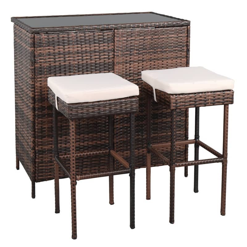 Outdoor Brown 3-Piece Rattan Wicker Bar Set with Beige Seat Cushions