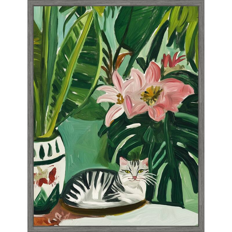 Tropical Muse With Cat by Mowzu Framed Canvas Wall Art