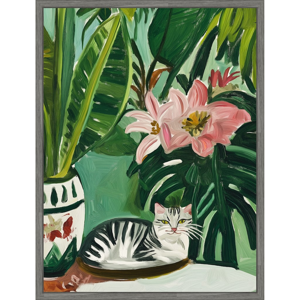 Tropical Muse With Cat by Mowzu Framed Canvas Wall Art