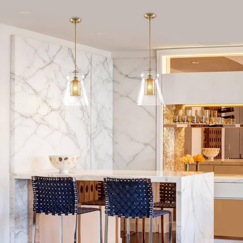 Modern Gold Kitchen Island Pendant Light with Clear Seeded Glass Shade - Dia.11.5-in