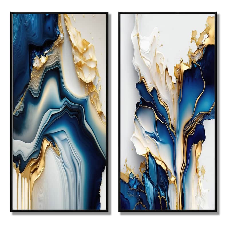 Designart "Abstract Geode Gold And Blue Marble" Abstract Marble Framed Wall Art Set Of 2 - Blue Wall Art Set Of 2