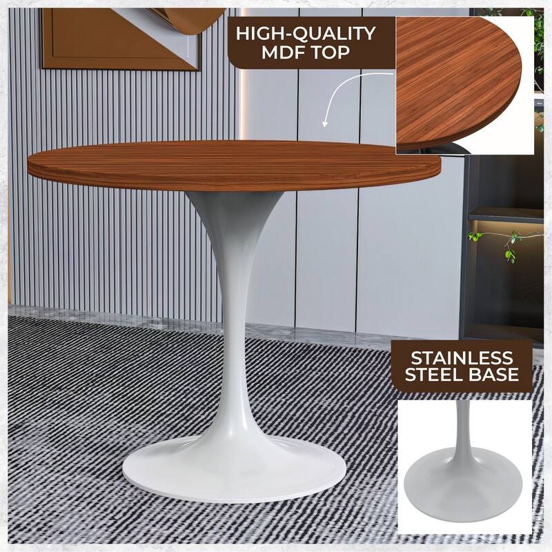 LeisureMod Verve 36" Round Dining Table with MDF Wood TableTop and White Steel Base for Kitchen & Dining Room