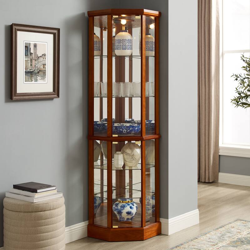 Corner Curio Cabinet with Lights, Floor Standing Display Cabinet, China Cabinet with Tempered Glass Shelves & Mirror Back