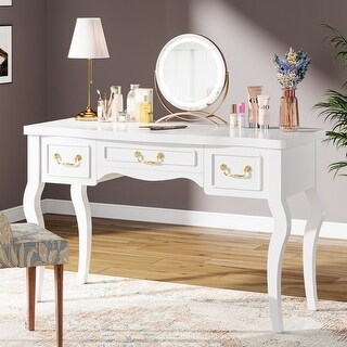 white cream dressing table White Vanity Desk Dressing Table with 3 Storage Drawers ( Without Stool and  Mirror ) - Bed Bath & Beyond
