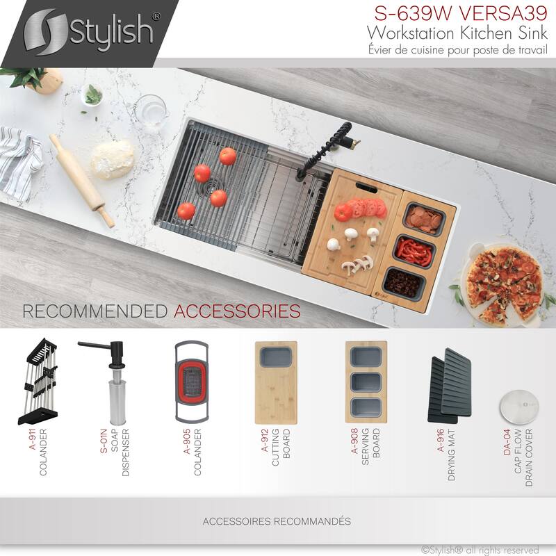 STYLISH 39 inches Workstation Single Bowl Undermount 16 Gauge Stainless Steel Kitchen Sink with Accessories included