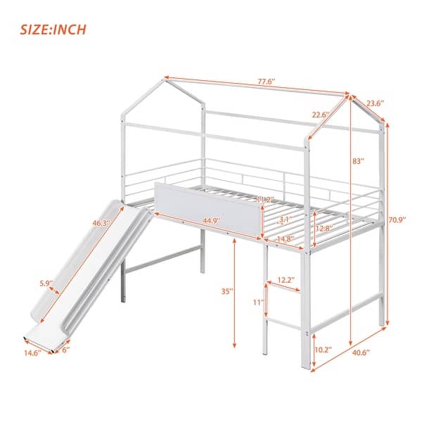 dimension image slide 1 of 3, Twin Size Metal Loft Bed w/ Slide & Two-sided writable Wooden Board