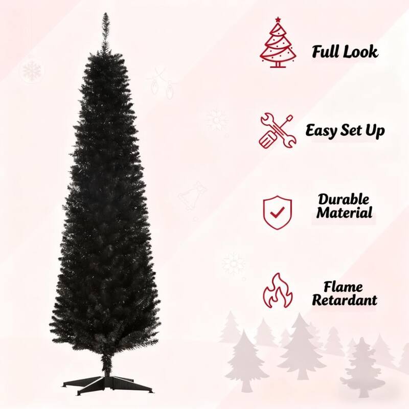 Slim Artificial Christmas Tree - Realistic Branch Tips, Plastic Stand - Black