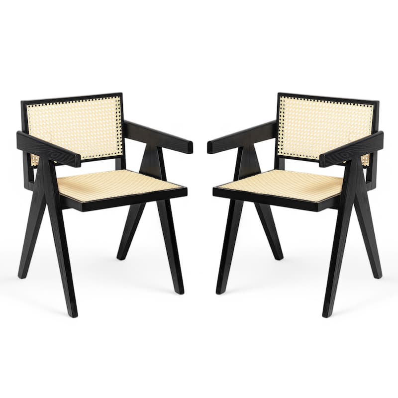 2-Piece Dining Room Arm Chairs Set with Square Rattan Backrest