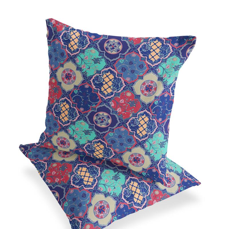 HomeRoots Set of Two 16" X 16" Blue and Green Blown Seam Floral Indoor Outdoor Throw Pillow - 16.00' X '16.00' X '5.00