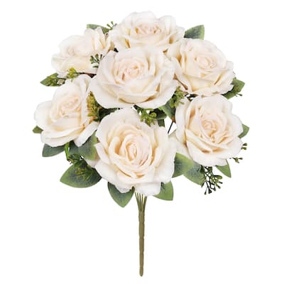 Set of 2 Deluxe Ivory Artificial Elegant Rose Flower Stem Bush Bouquet 17in - 17" L x 10" W x 10" DP