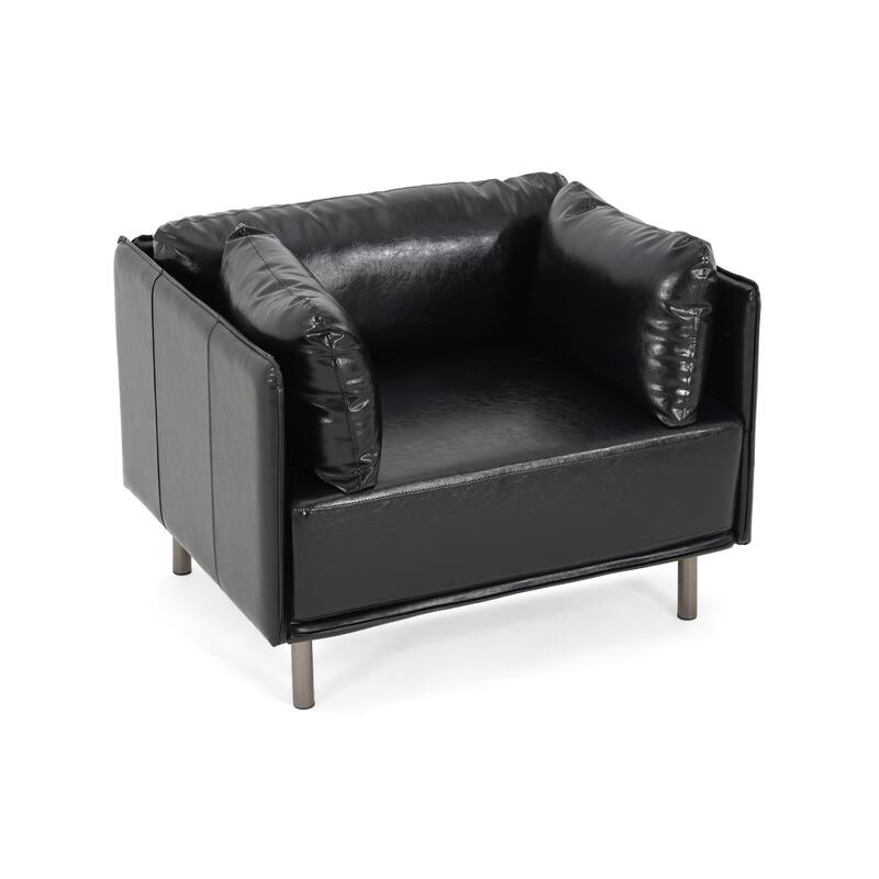 PU Leather Upholstered Lounge Chair, Accent Chair with Throw Pillow, Reading Chair with Solid Wood Frame & Steel Legs
