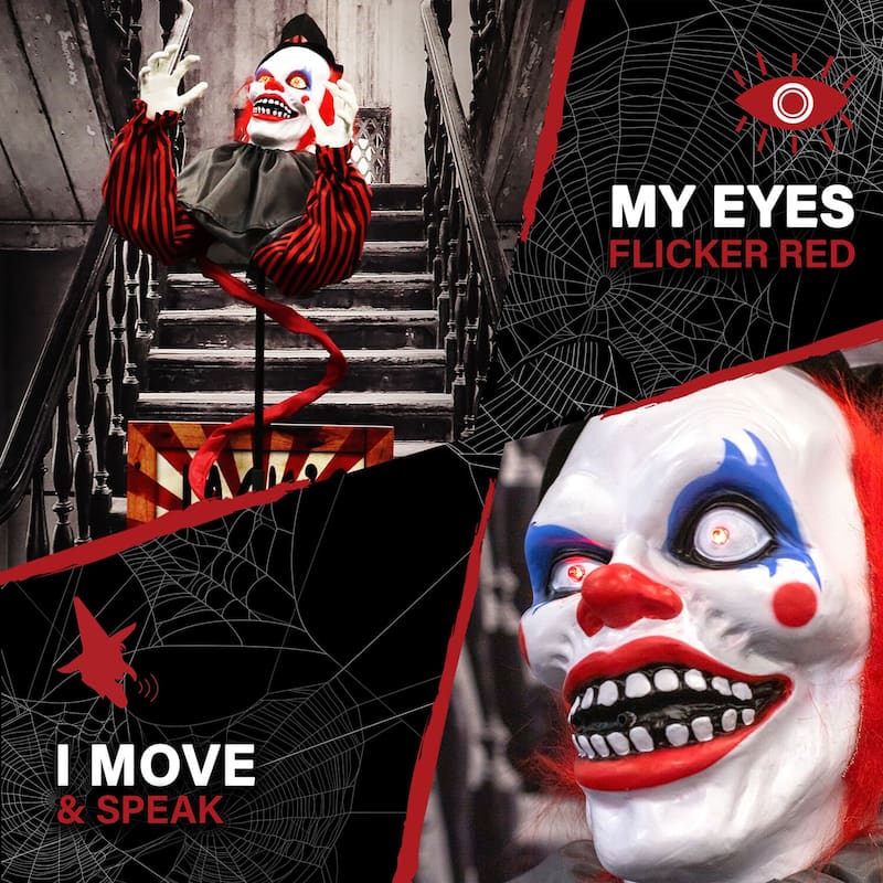 Haunted Hill Farm Life-Size Animatronic Clown Jack in the Box, Lights and Sound, Indoor or Covered Outdoor Halloween Decoration