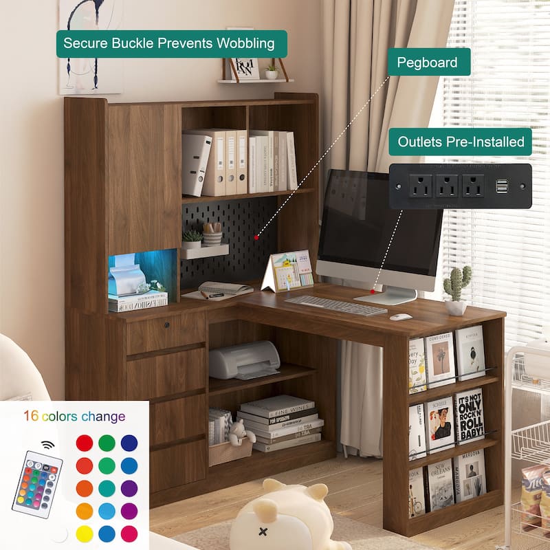 L Shaped Computer Desk with Drawers and Bookshelf, Corner Desk with LED Light and Power Outlets for Home Office