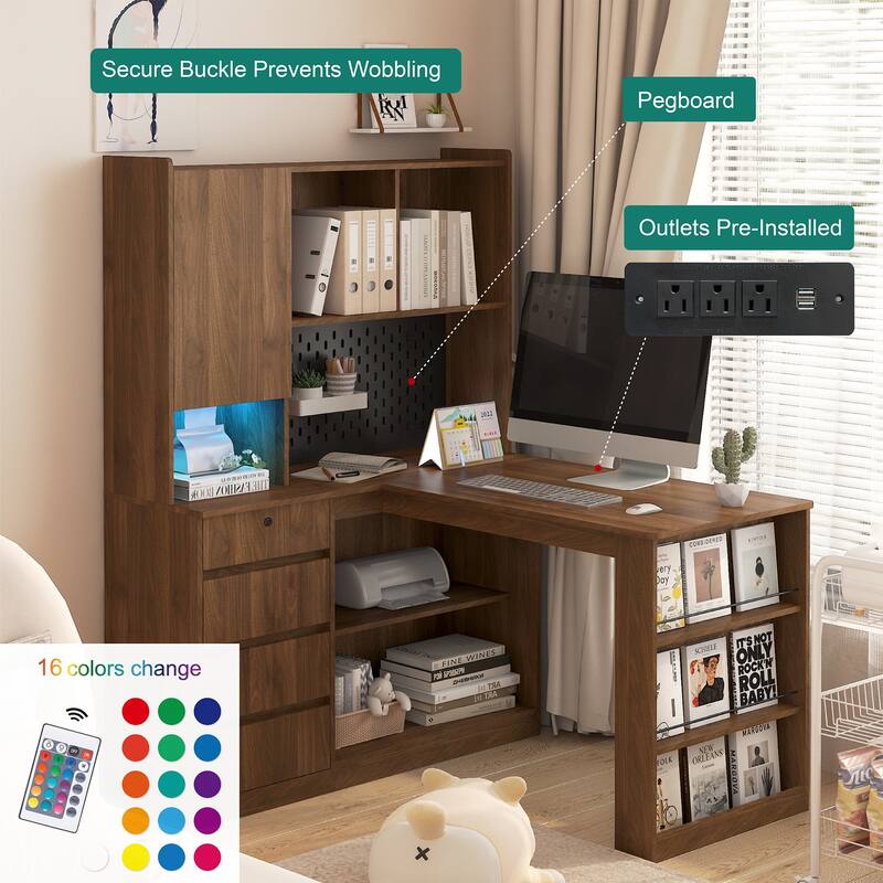 L Shaped Desk Corner Computer Desk Office Desk Study Table Writing Desk Gaming Computer Desk wCharger LED Drawers Bookshelf
