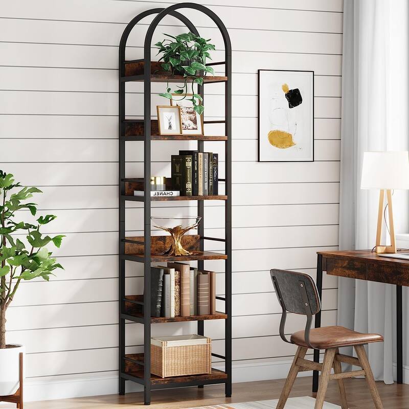 6-Tier Open Bookshelf, Tall Arched Bookcase Narrow Bookshelf