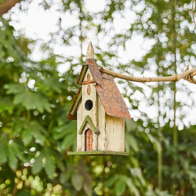 Glitzhome 12"H Distressed Solid Wood Church Birdhouse