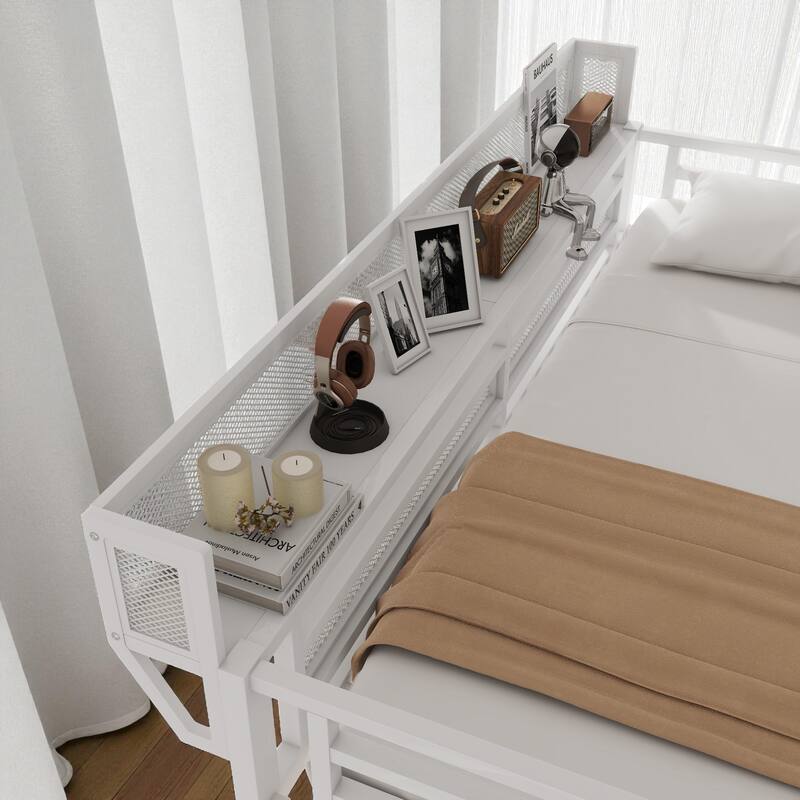 Full/Queen Size Metal Loft Bed with Desk, RGB Light, Charging Station, Shelves and Wardrobe, Stair Loft Bed for Teens