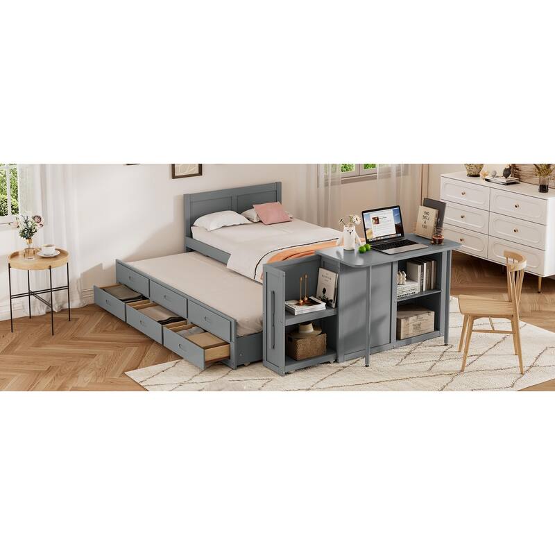 Twin Size Wood Platform Bed with Desk, Storage Shelf, Trundle, and 3 Drawers, Gray