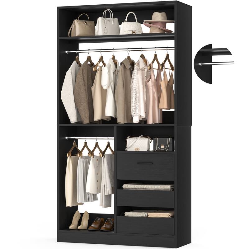 36'' W Freestanding Walk-in Closet Organizer System with 2 Hanging Rods and 3 Wood Drawers