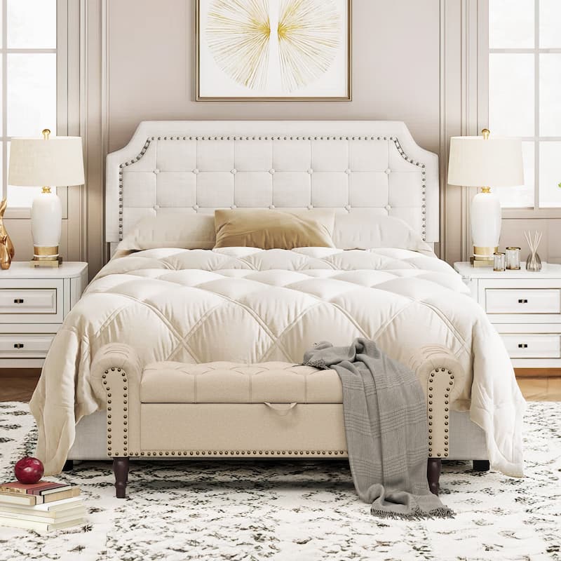 Modern Velvet Upholstered Storage Bench with Silver Nailhead Trim