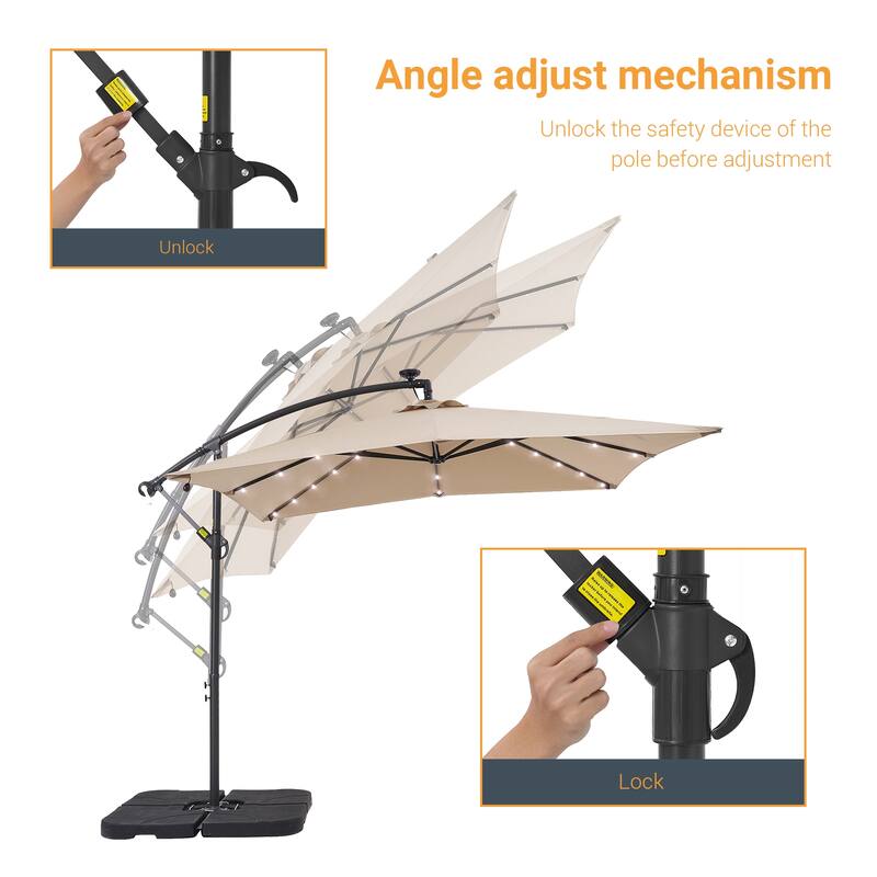 LIVOOSUN Solar Powered 8.2ft LED Patio Offset Umbrella With Base