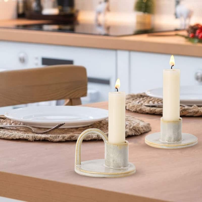 Set of Two Short Elise Ceramic Candlesticks in Vanilla