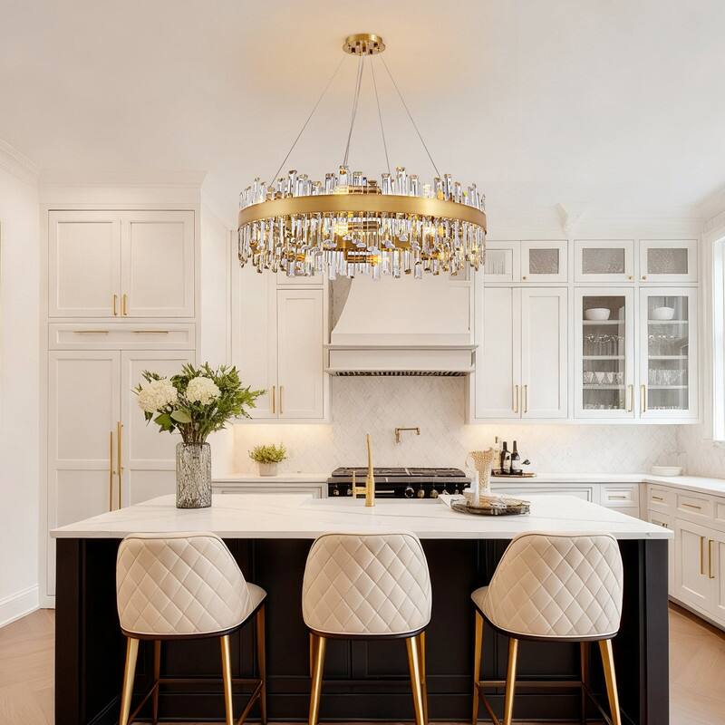 32 in. 2-Tier Modern Crystal Chandelier Brass Gold Round Crystal Raindrop Chandelier Contemporary Pendant Light for Dining Room