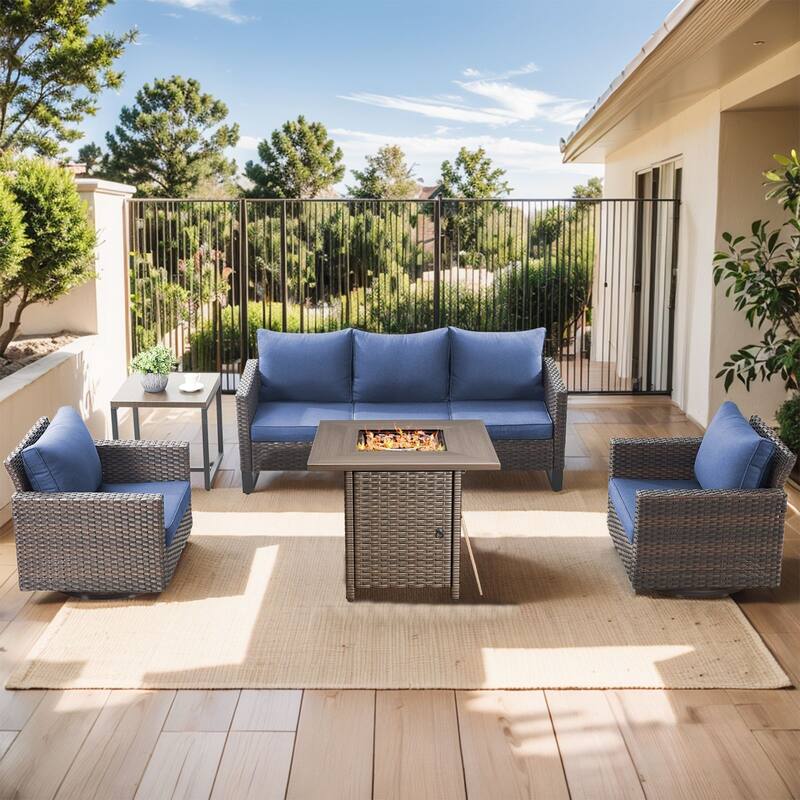 Outdoor Pocassy Sofa Chairs Set with Fire Table - Brown Wicker Blue Cushion - 5 Piece
