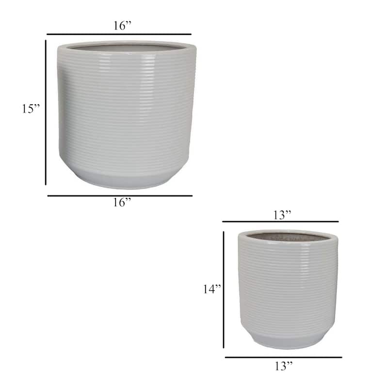 Fusie Planter Set of 2, Round, White Ceramic, Horizontal Texture